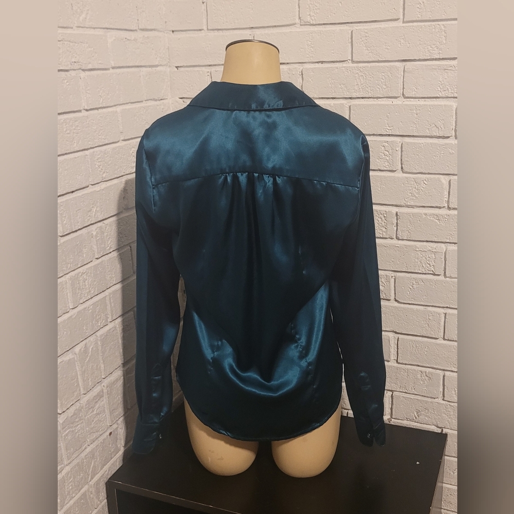 George Stretch Satin Blouse S (4/6) Teal Button Down Shirt Long Sleeve Shimmer - Picture 2 of 5